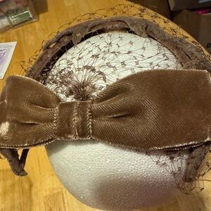 Vintage Brown Bow Headband Headpiece Netting Jewels